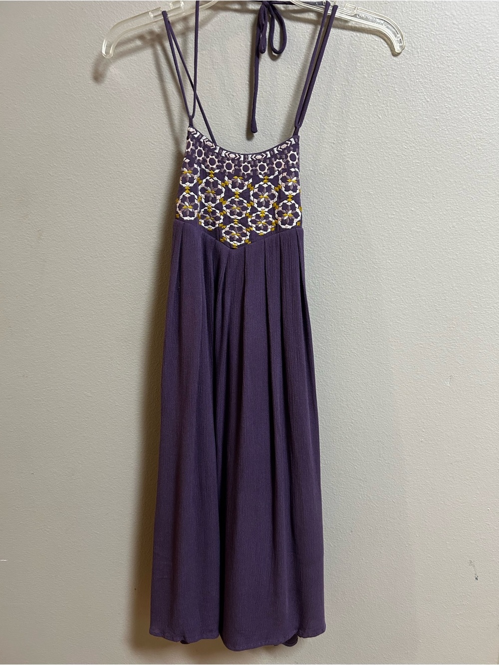 Blue Rain Dress Womens M Purple Embroidered Halter Open Back Boho Flowy Mini